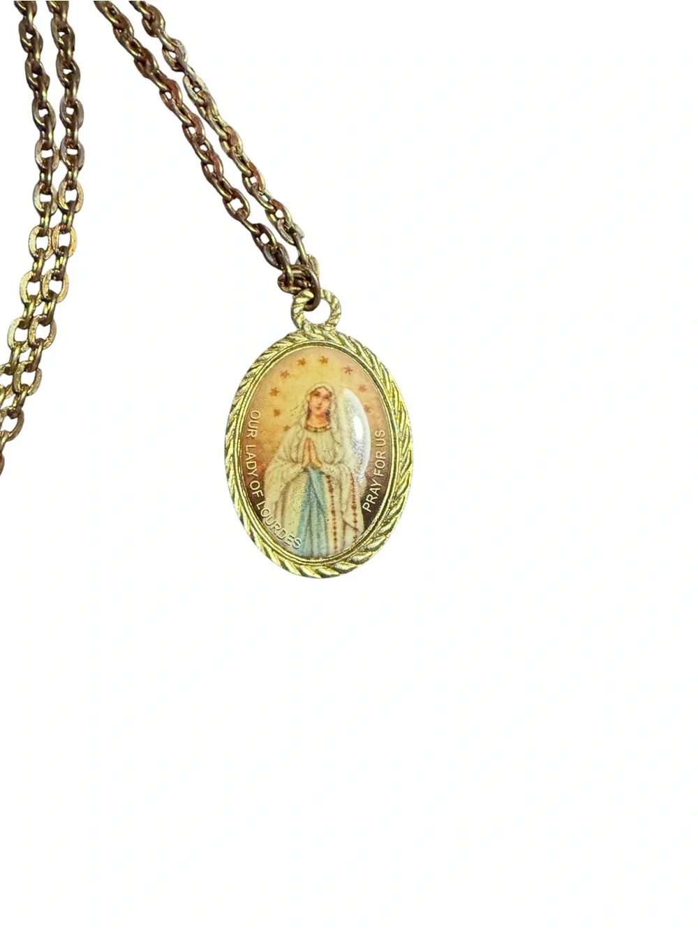 Gold Tone Cable Chain Necklace Oval Our Lady of Lourdes Medal Pendant (l24)